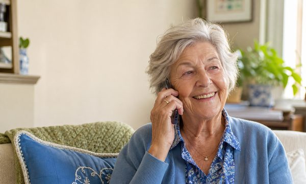 Personne âgée souriante au téléphone avec Confirmeo